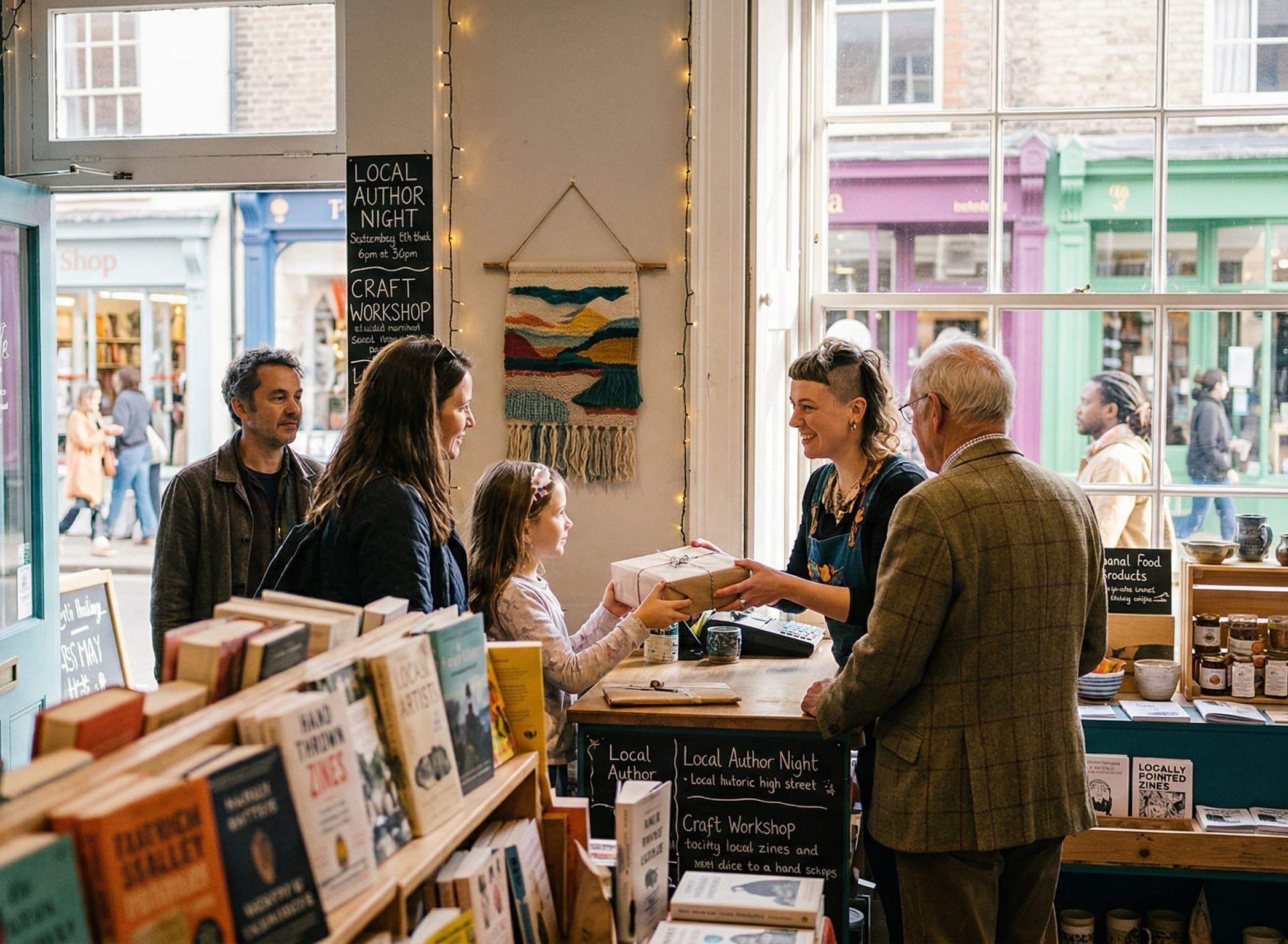Independent bookshop owner serving customers inside a busy high street shop with books displayed in the foreground.