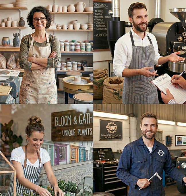 Collage of independent business owners and trade professionals, including a potter, cafe operator, plant shop owner, and mechanic, representing broker-led business sales across the UK.