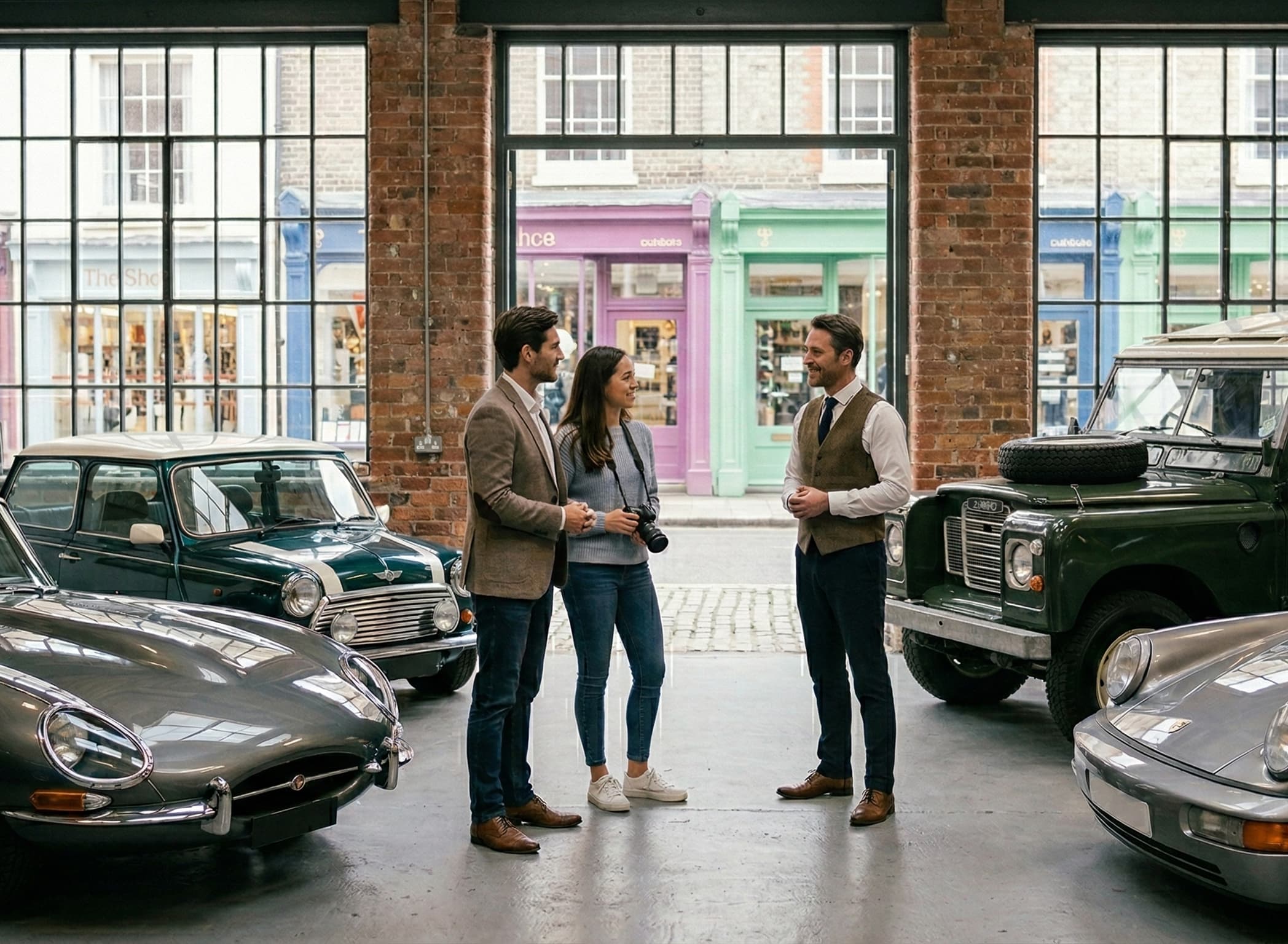 Prospective buyers speaking with a seller among classic cars inside a vehicle showroom.