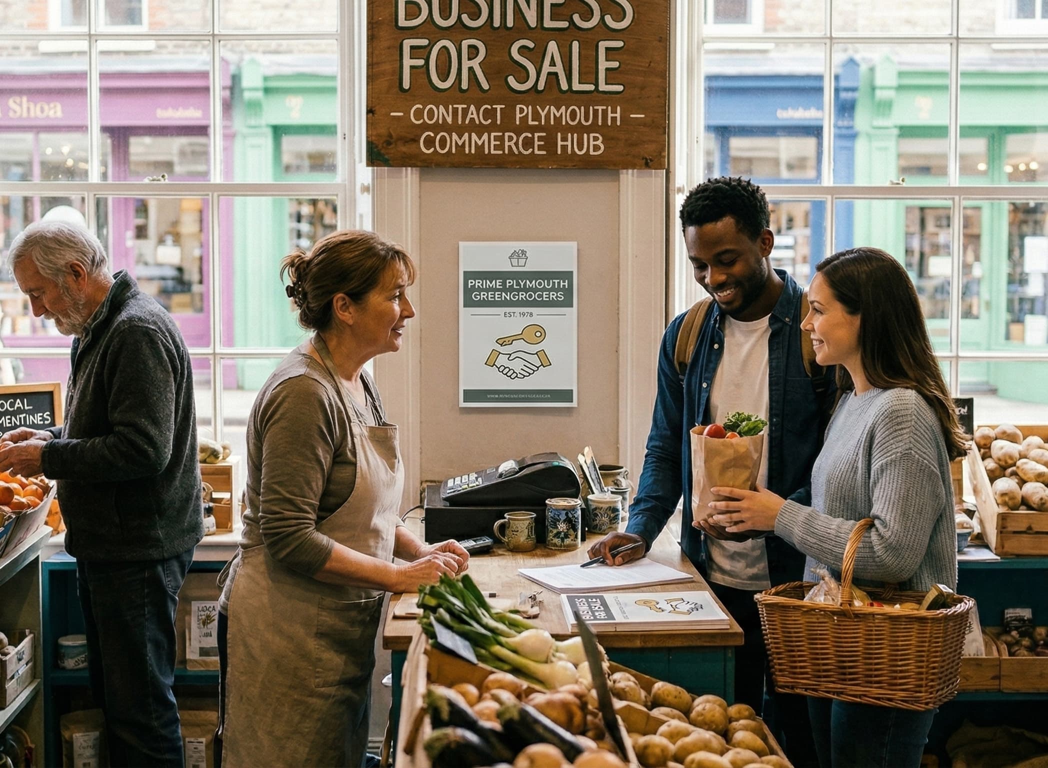 Shoppers speaking with a greengrocer at the counter of an independent produce shop advertised for sale.
