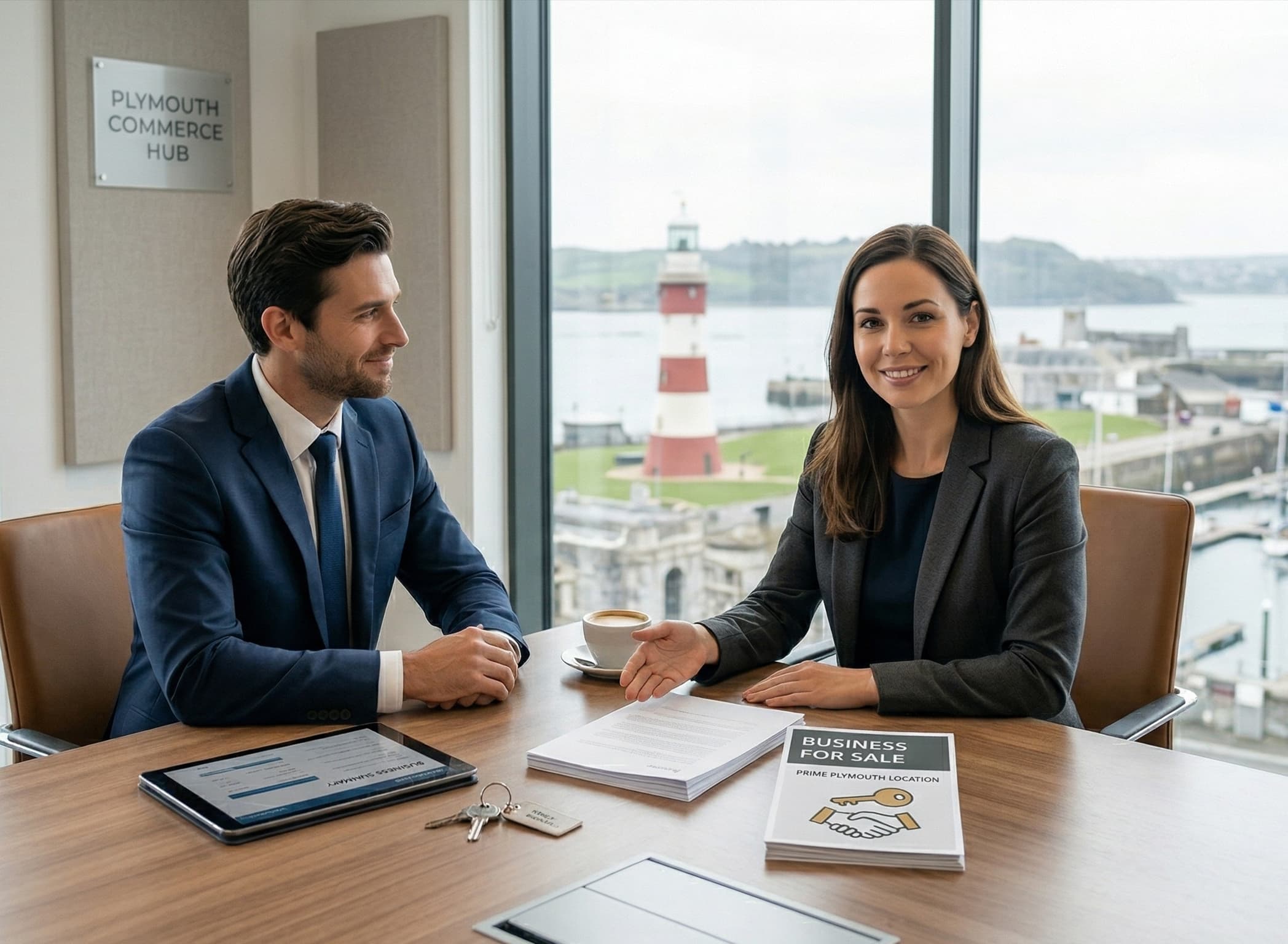 Business broker meeting a prospective buyer over sale documents in a Plymouth office overlooking the waterfront.