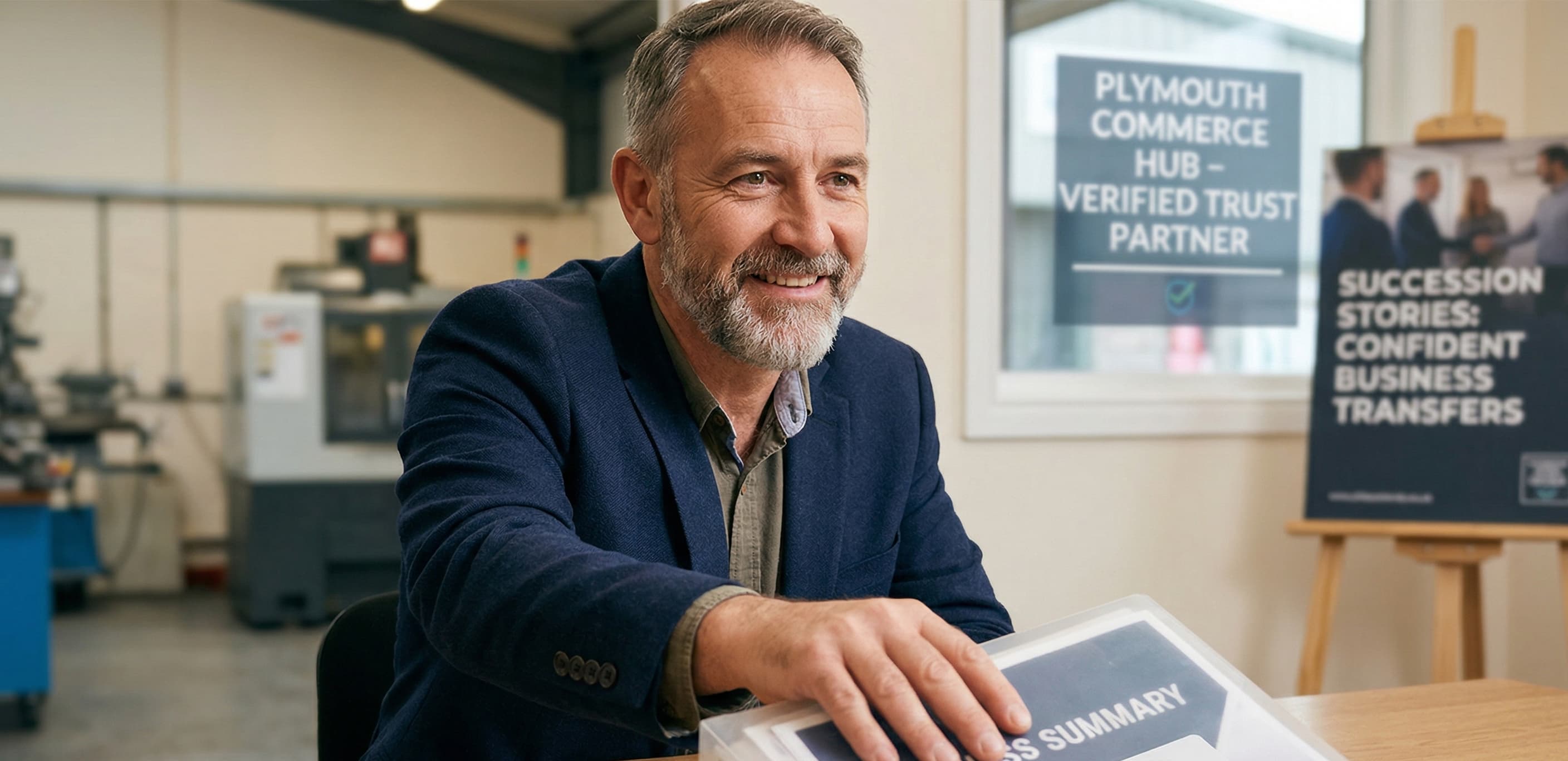 Business owner smiling while presenting a business summary in a verified trust partner office in Plymouth.